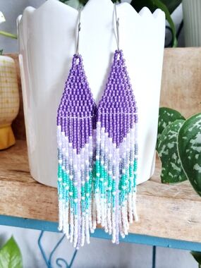 BOGO EARRINGS - Purple & Teal Beaded Fringe Earrings - Women Jewelry